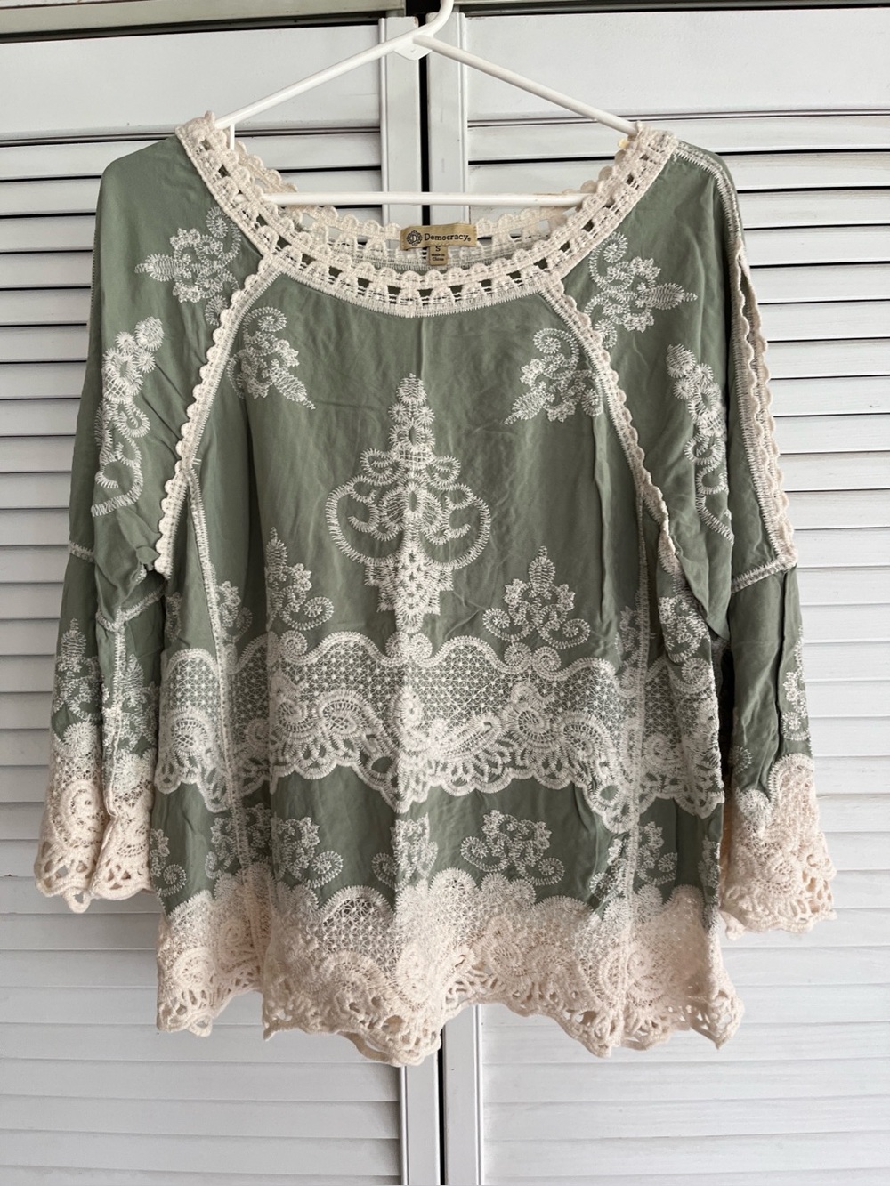 Democracy Sage Green Crochet-Trim Embroidered Women's Top size s